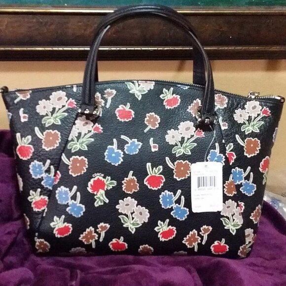 Coach Prairie Satchel Daisy Floral Zipper Leather Handbag Bag Purse Black NEW - Picture 7 of 7
